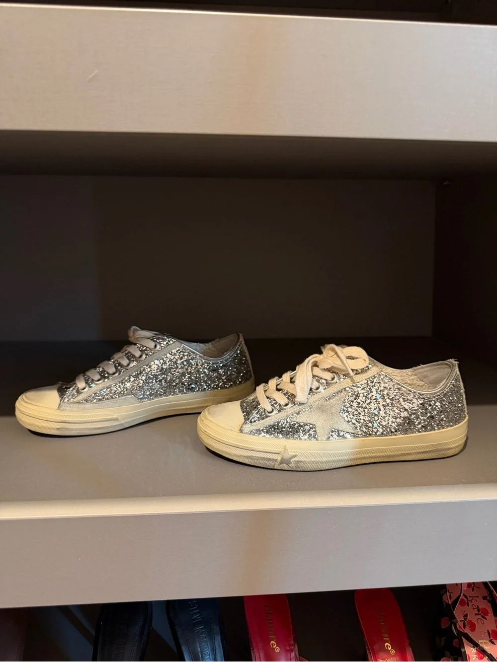 Golden Goose Silver Glitter Low-Top Sneakers with Beige Sole